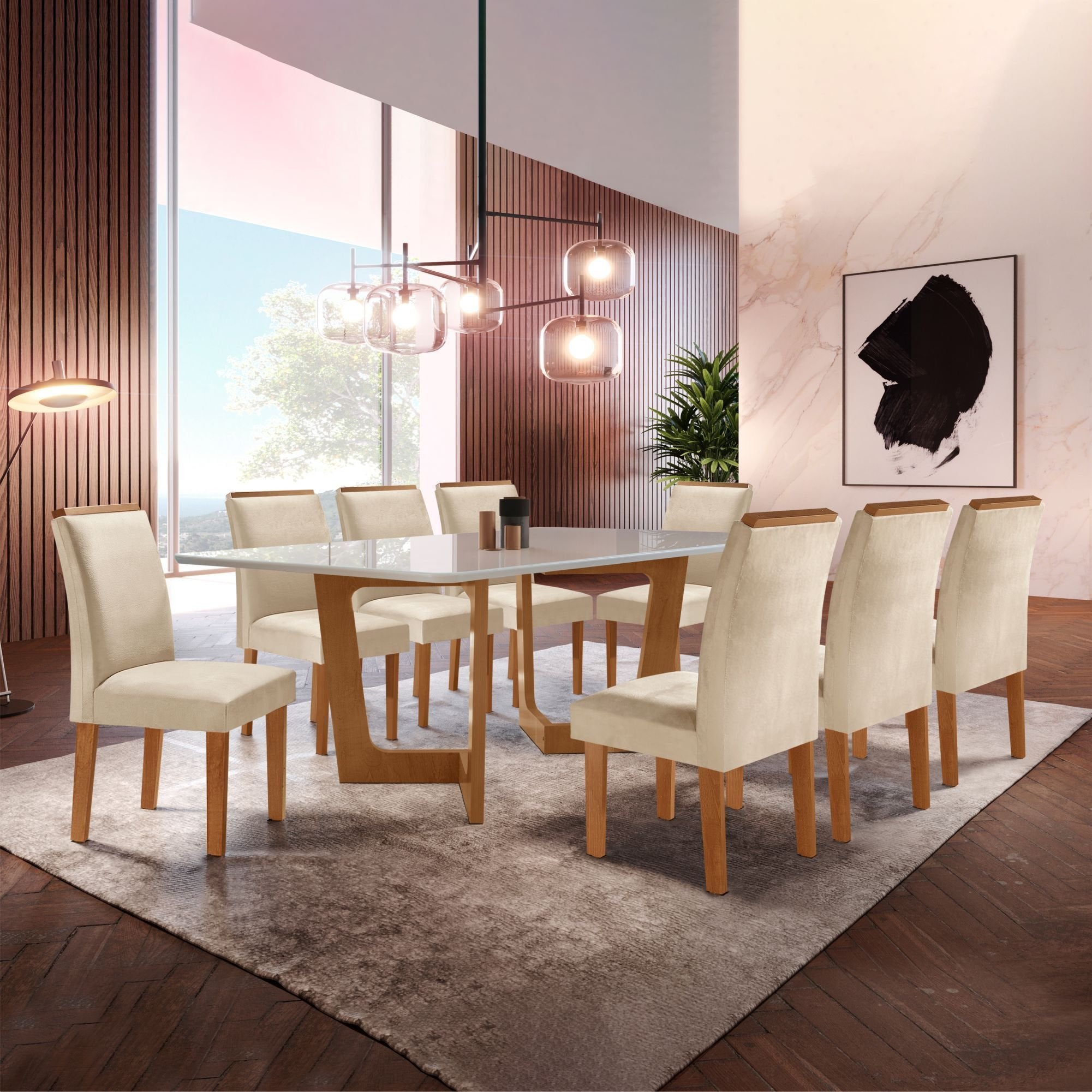 Conjunto Sala de Jantar Mesa Retangular Tampo Vidro/MDF com 8 Cadeiras Luísa Smart Plus Cel Móveis