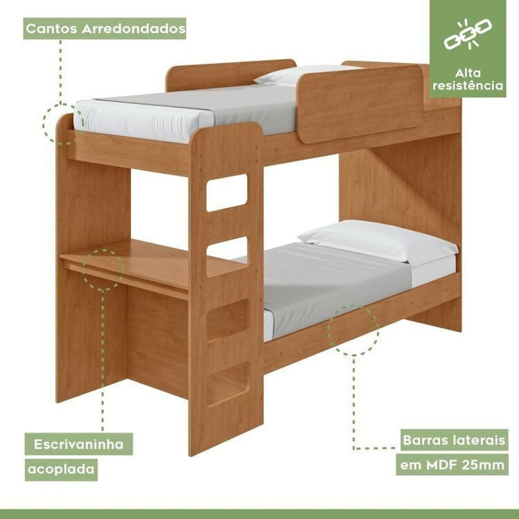 Conjunto Quarto Infantil com Beliche Escrivaninha Cômoda e Guarda-Roupa Móveis Lopas Marrom Amêndoa Clean