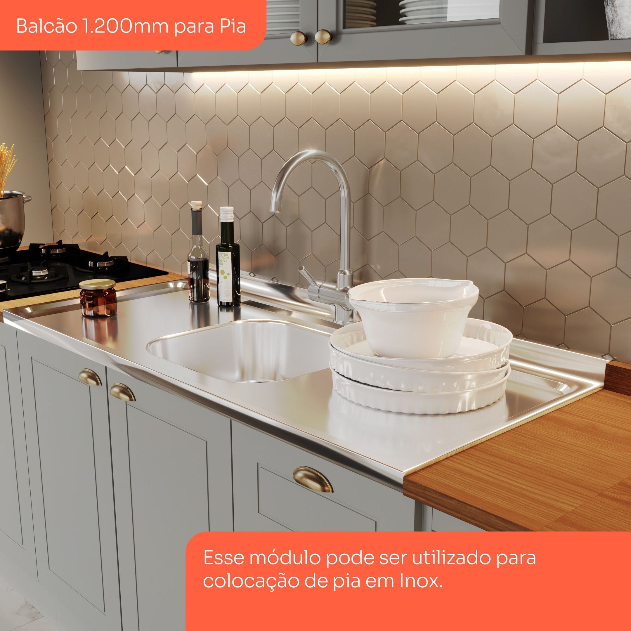 Cozinha Completa Modulada 9 Portas 5 Gavetas Emily Cinza/Nature Espresso Móveis