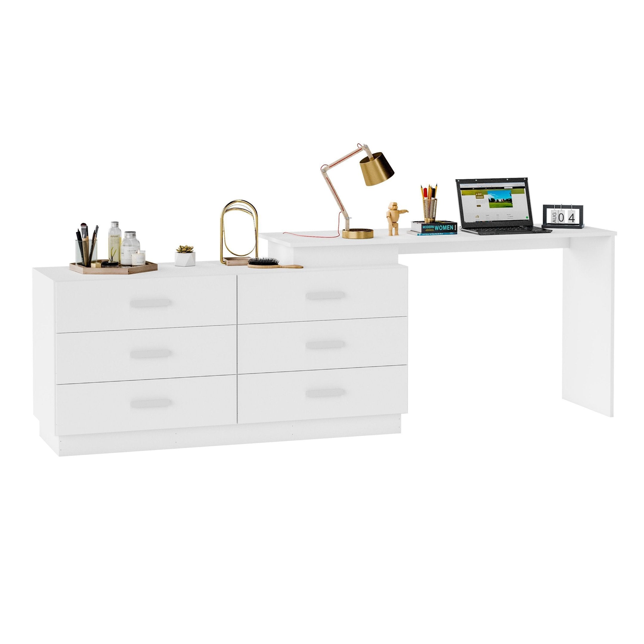 Escrivaninha Mesa Escritório em L com Cômoda Leonie 6 Gavetas 138cm Yescasa