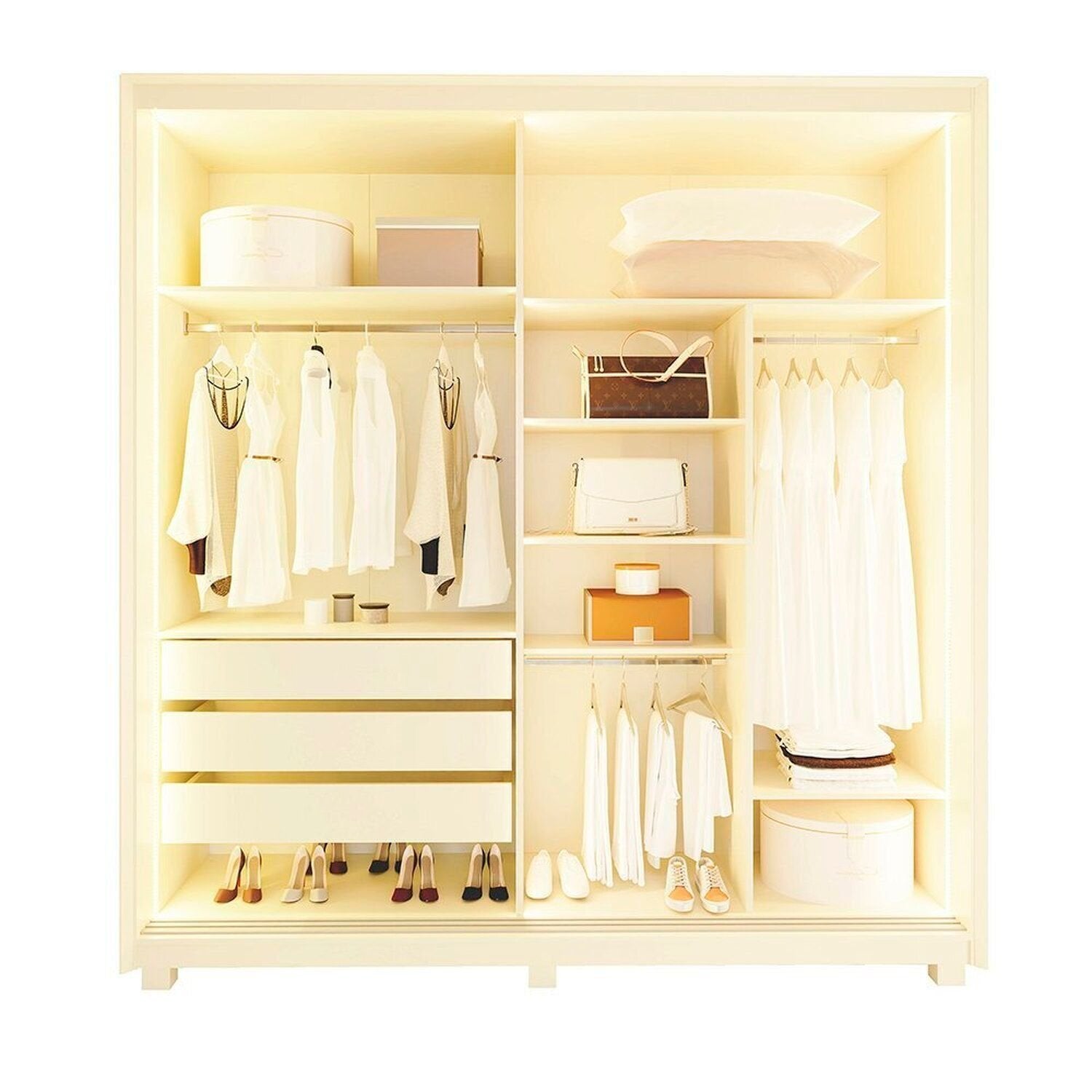 Guarda-Roupa Casal 2 Portas Reflecta com Pés e LED 100% MDF Platinum Gelius Móveis Bege/Off White
