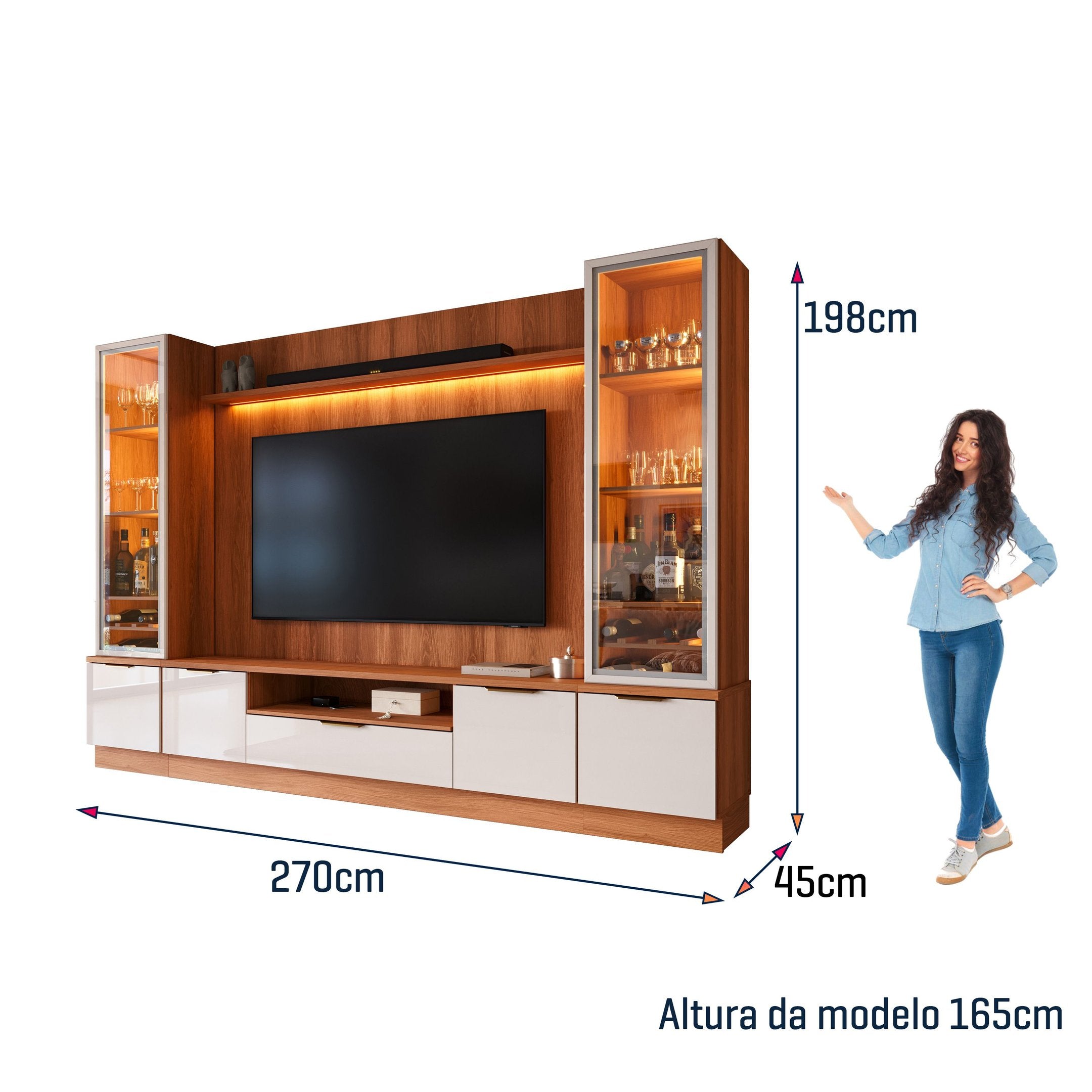 Estante Home Noble 270cm para TV até 75 Polegadas com 2 Cristaleiras Portas Reflecta e LED Movelove