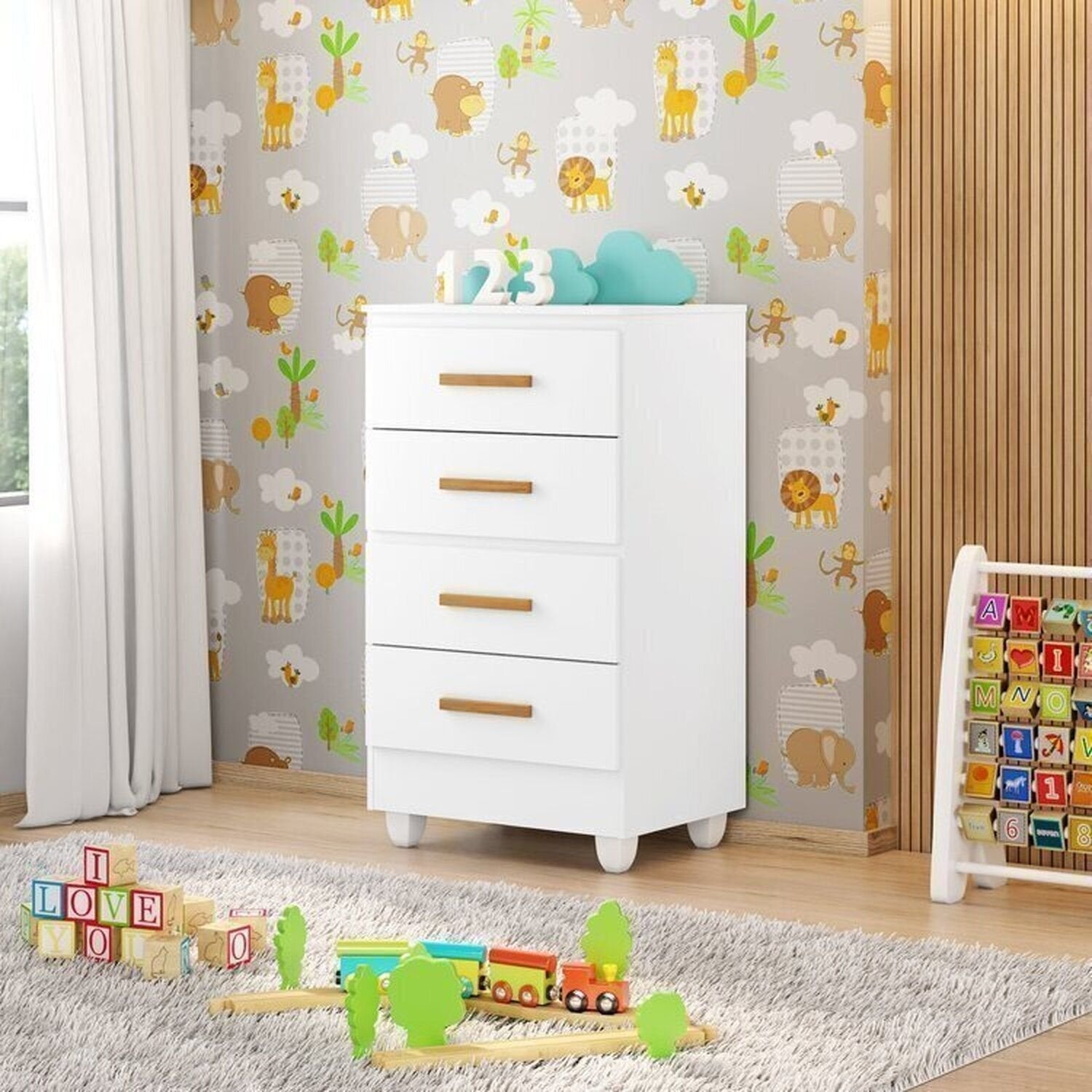 Quarto Bebê Infantil com Guarda-Roupa 3 Portas e 2 Gavetas com Cômoda 4 Gavetas Lite Infantil Móveis Leão Branco