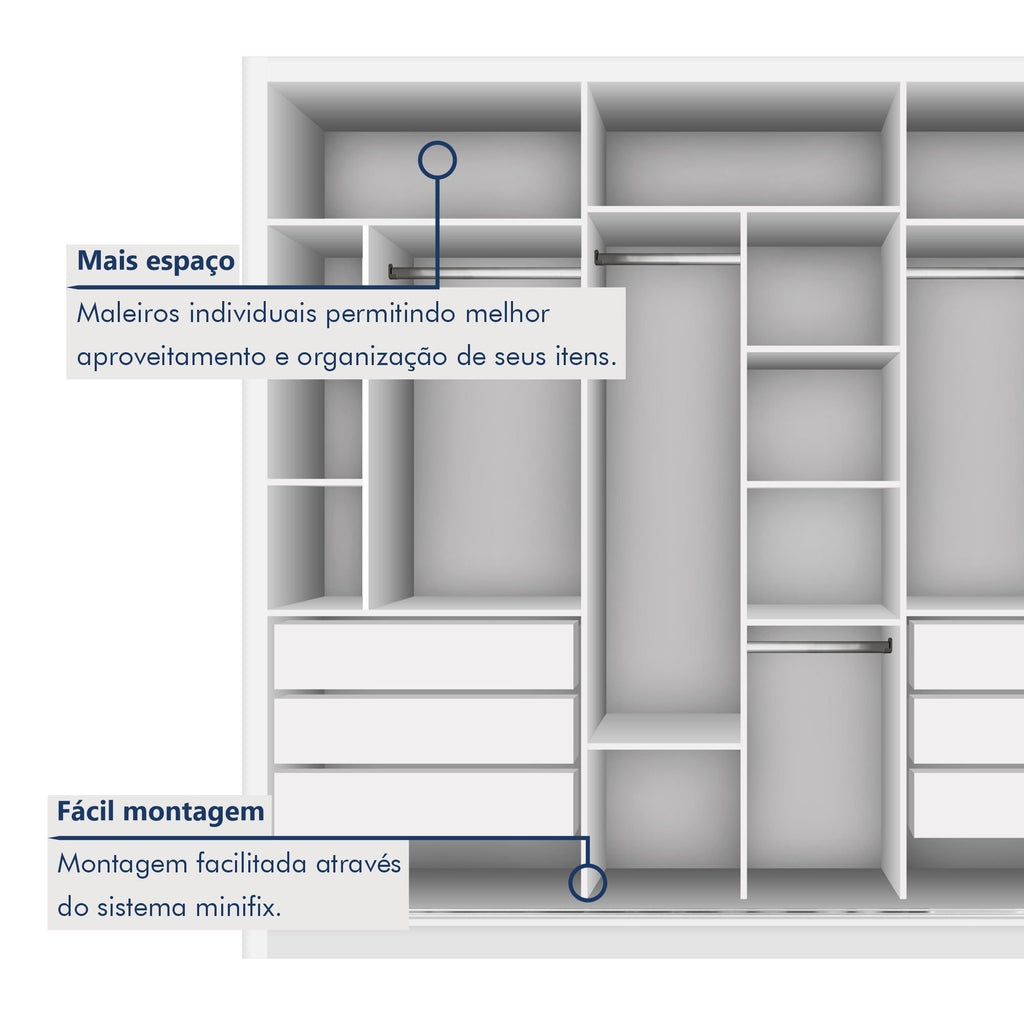 Guarda-Roupa Casal 3 Portas 6 Gavetas com Espelho Premium Lux Yescasa Branco
