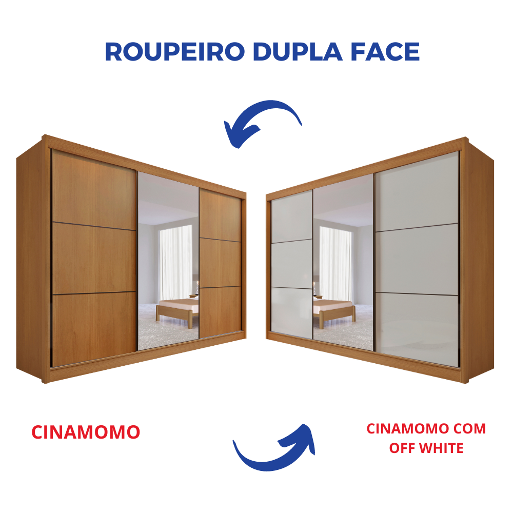 Guarda-Roupa Casal 3 Portas de Correr 6 Gavetas Miami D Doro 100% MDF Cinamomo/Off White