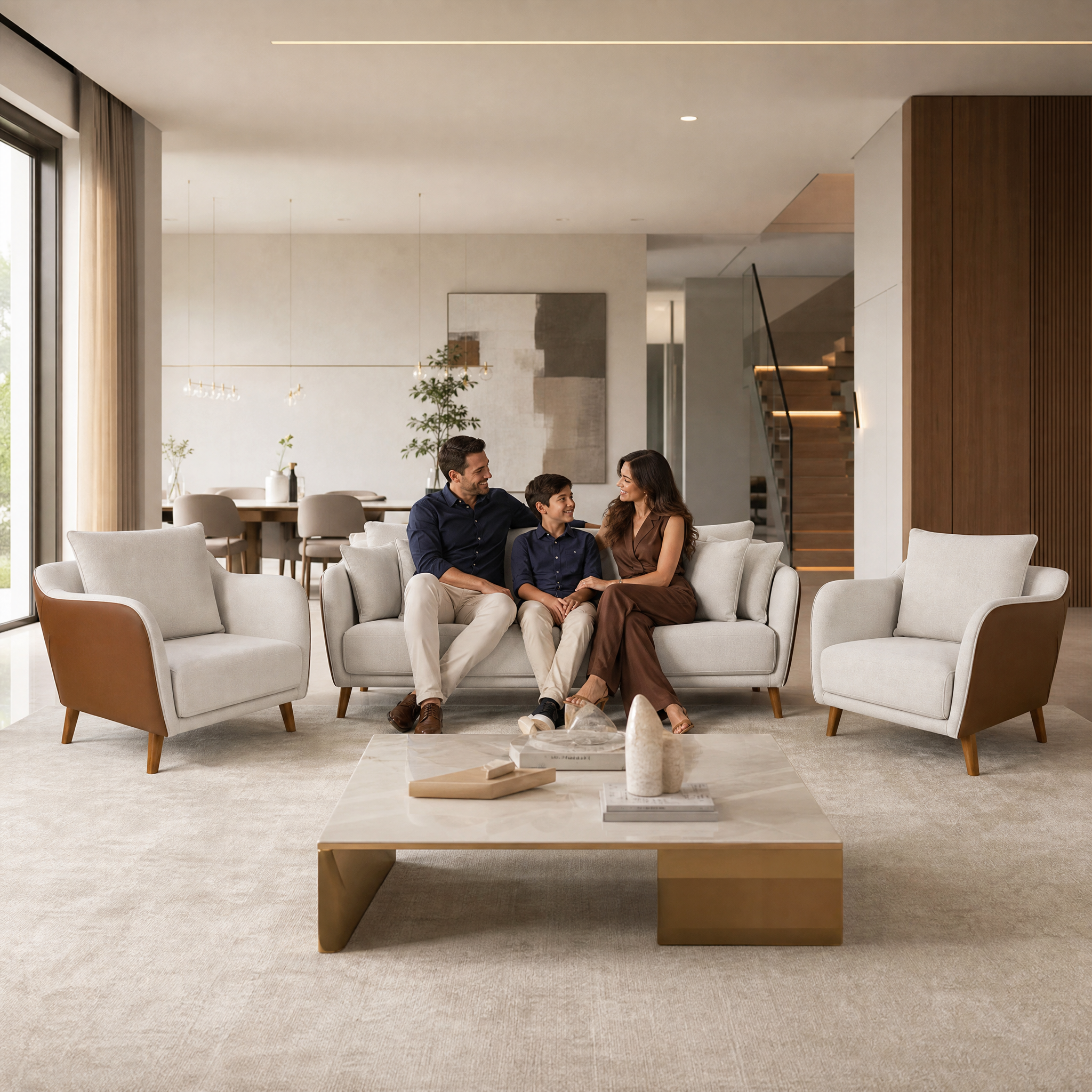 Conjunto Sofá Living Hórus e Duas Poltronas Tecido Composê Linho Cru e Marrom Terracota 2,00m