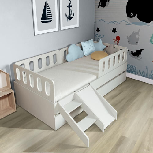 Bicama Solteiro MDF BP com Escadinha e Escorrega 3 Grades Cabeceira Megamobilia Branco