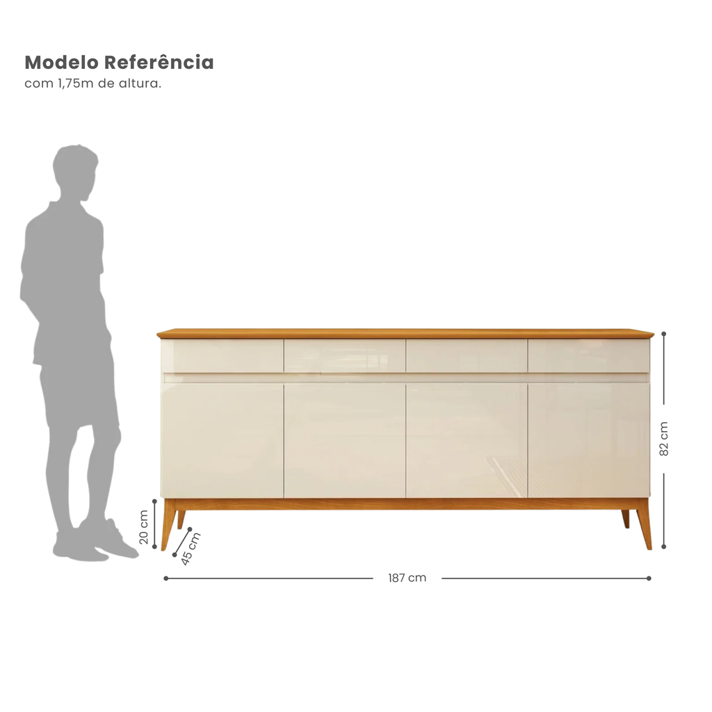 Buffet Aparador 4 Portas e 4 Gavetas Premium MDF Off White/Cedro EDN Móveis