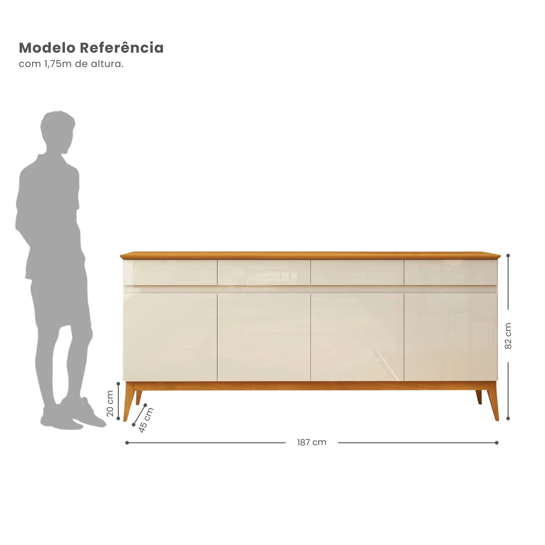 Buffet Aparador 4 Portas e 4 Gavetas Premium MDF Off White/Cedro EDN Móveis
