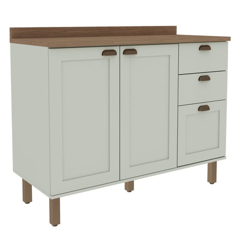 Balcão para Cozinha 2 Portas 3 Gavetas Provençal com Tampo Iluminata Genialflex Verde/Mint/Ébano Fosco