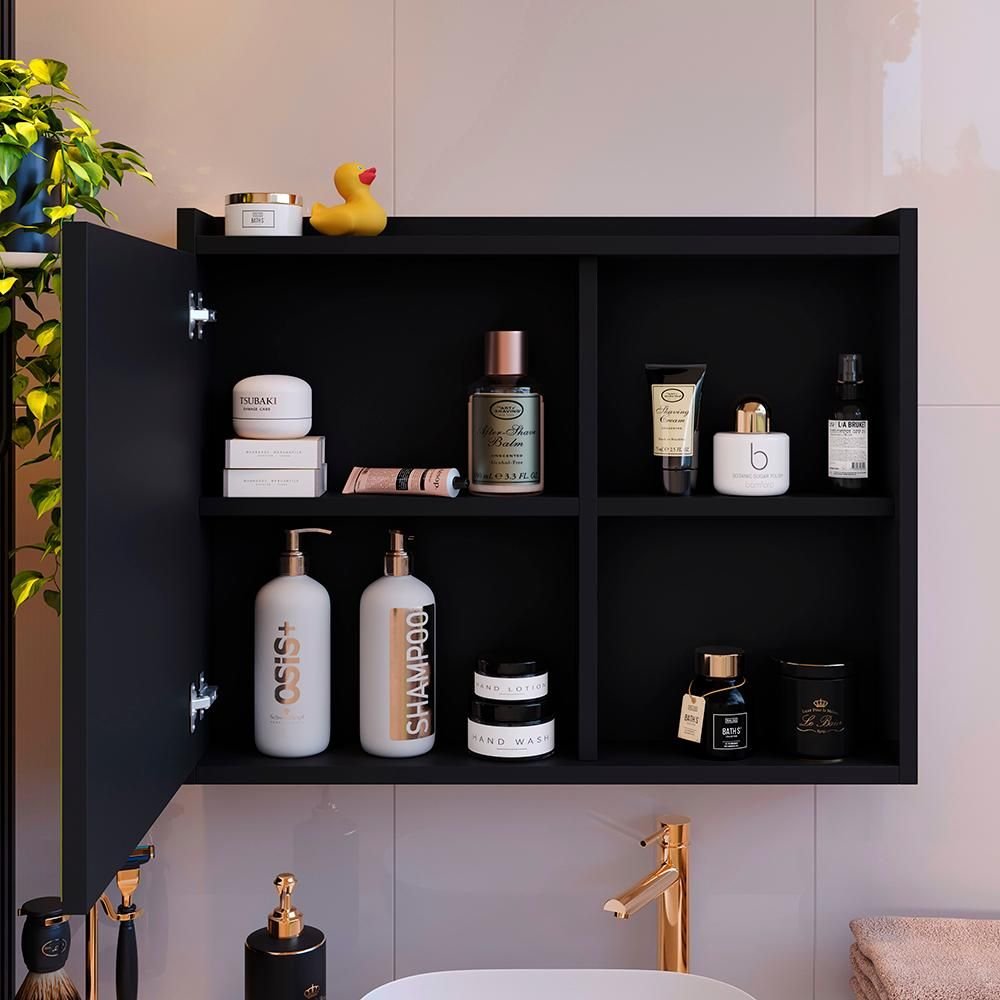 Espelheira para Banheiro Suspensa Luxo DESAN 1 Porta com Prateleira 60cm Preto