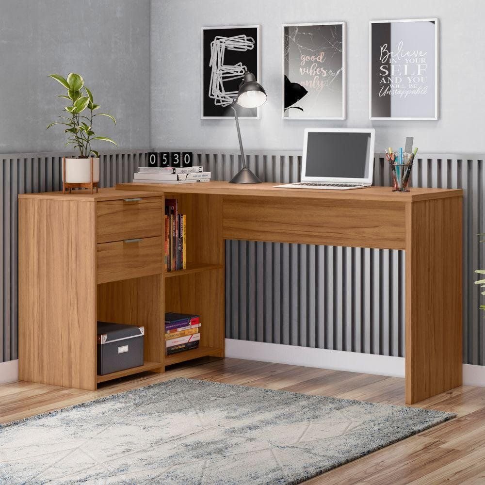 Escrivaninha Mesa Escritório em L Notável Office Tampo Giratório 2 Gavetas 3 Nichos 148,6cm Freijó Trend