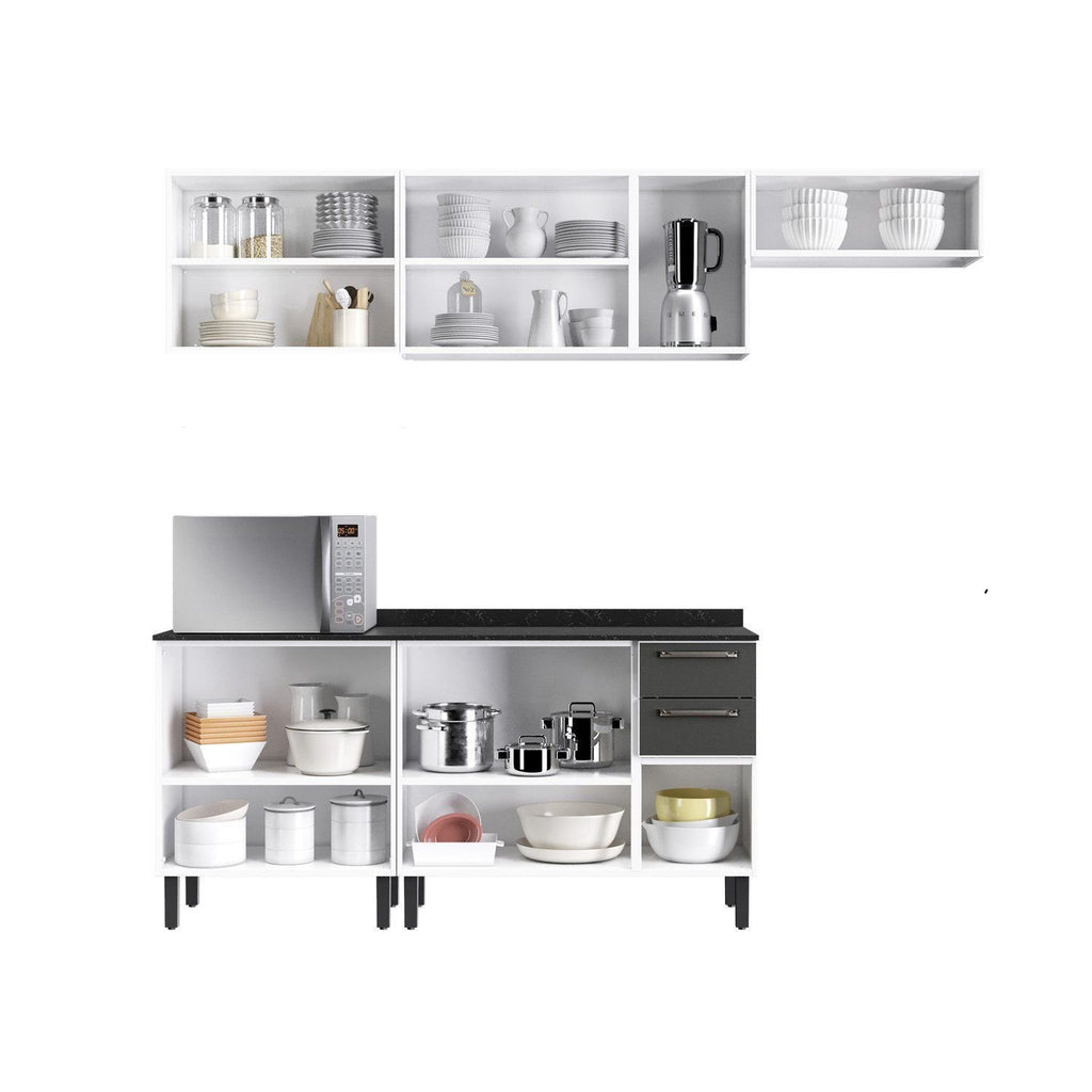 Cozinha Modulada em Aço Florença Itatiaia 5 Peças 11 Portas 2 de Vidro 2 Gavetas Cinza/Branco/Grafite