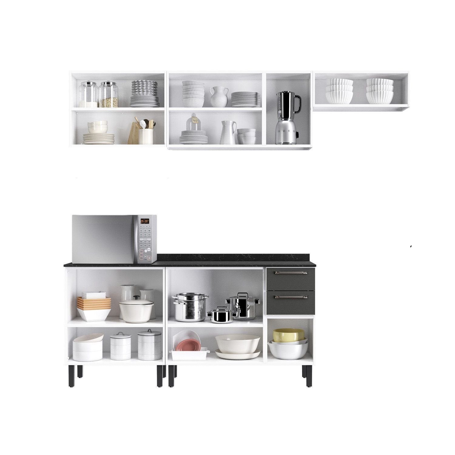 Cozinha Modulada em Aço Florença Itatiaia 5 Peças 11 Portas 2 de Vidro 2 Gavetas Cinza/Branco/Grafite