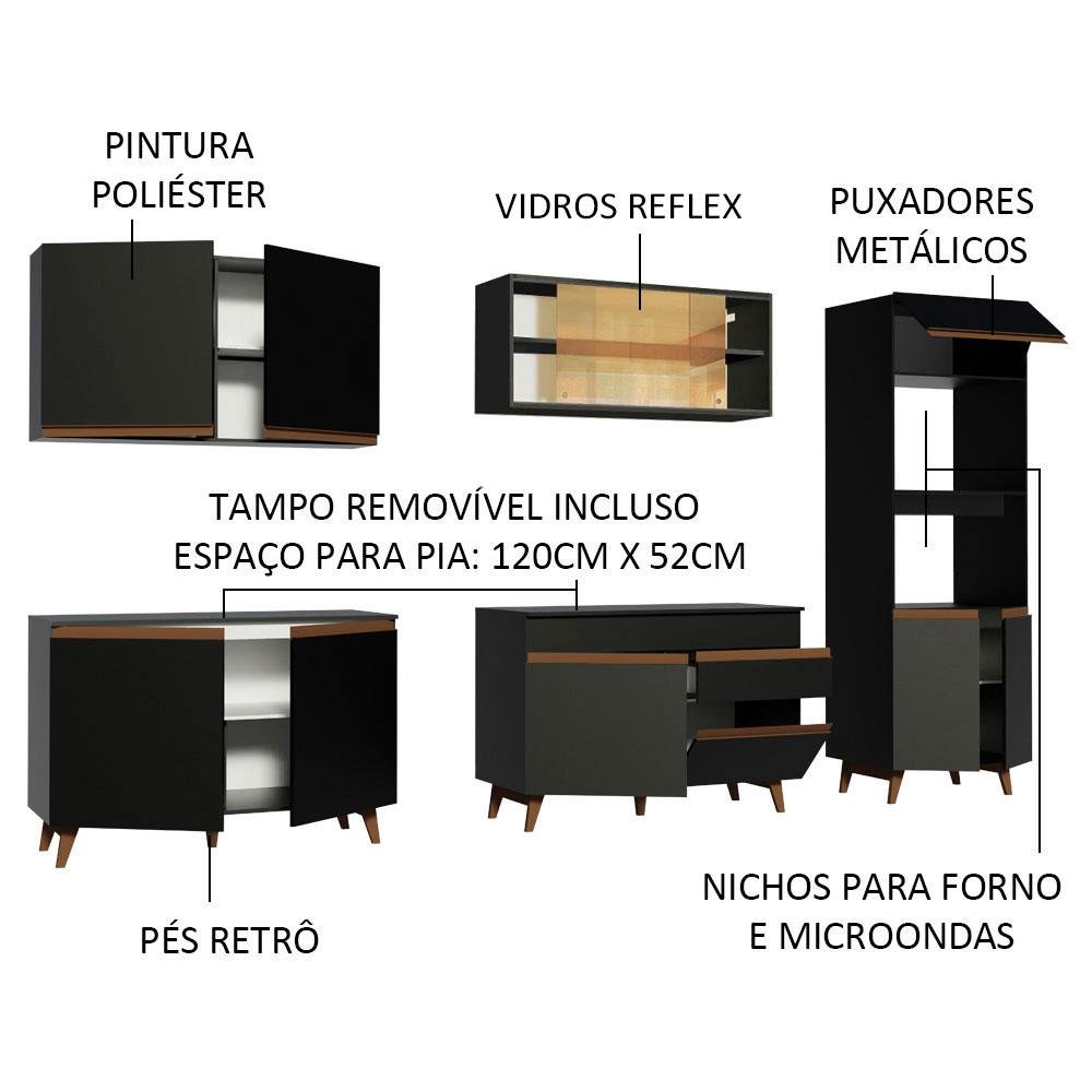Armário de Cozinha Completa 310cm Preto Reims Madesa 01