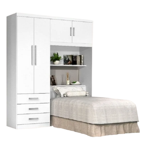 Guarda-Roupa Solteiro com Cabeceira e Baú 4 Portas 3 Gavetas Cancun Yescasa Branco