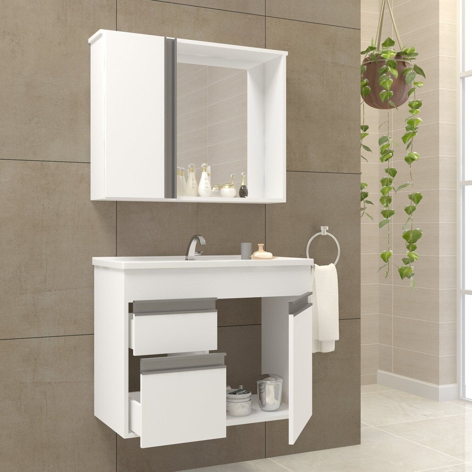 Conjunto Gabinete Suspenso com Cuba e Espelheira Napoli Arte Gabinetes 60cm Branco