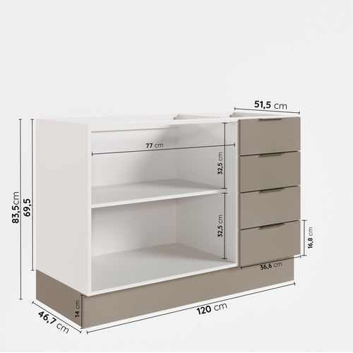 Balcão Pia 120cm sem Tampo com Rodapé Puxador 150mm Ipanema CabeCasa MadeiraOriginals Branco/Fendi Trama