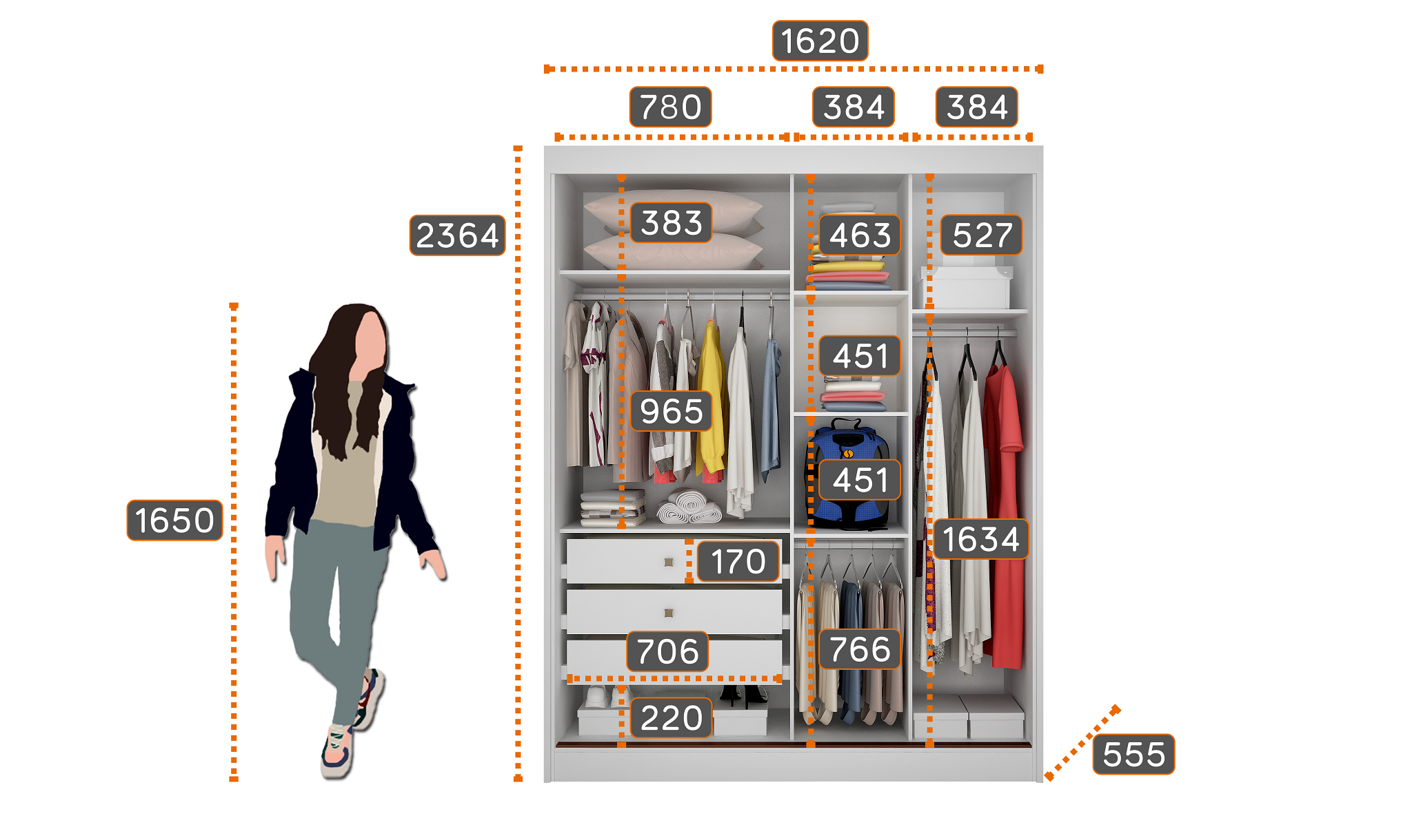 Guarda-Roupa Solteiro 2 Portas com Espelho 3 Gavetas Toronto Novo Horizonte 100% MDF Branco