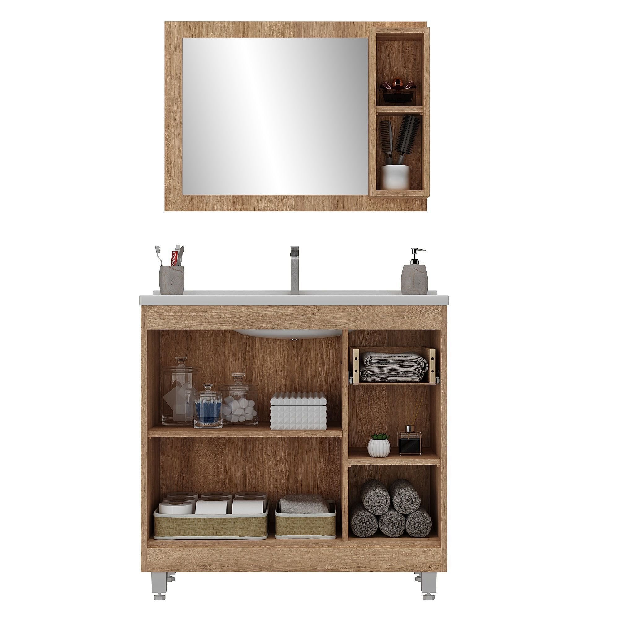 Conjunto de Banheiro Ozini Essenza 80cm 1 Porta 1 Gaveta Cuba e Espelheira