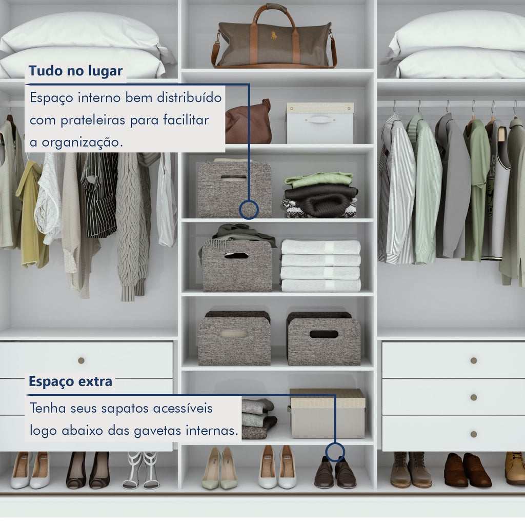 Guarda-Roupa Casal 3 Portas de Correr 6 Gavetas 270cm Spazio Yescasa 100% MDF Branco