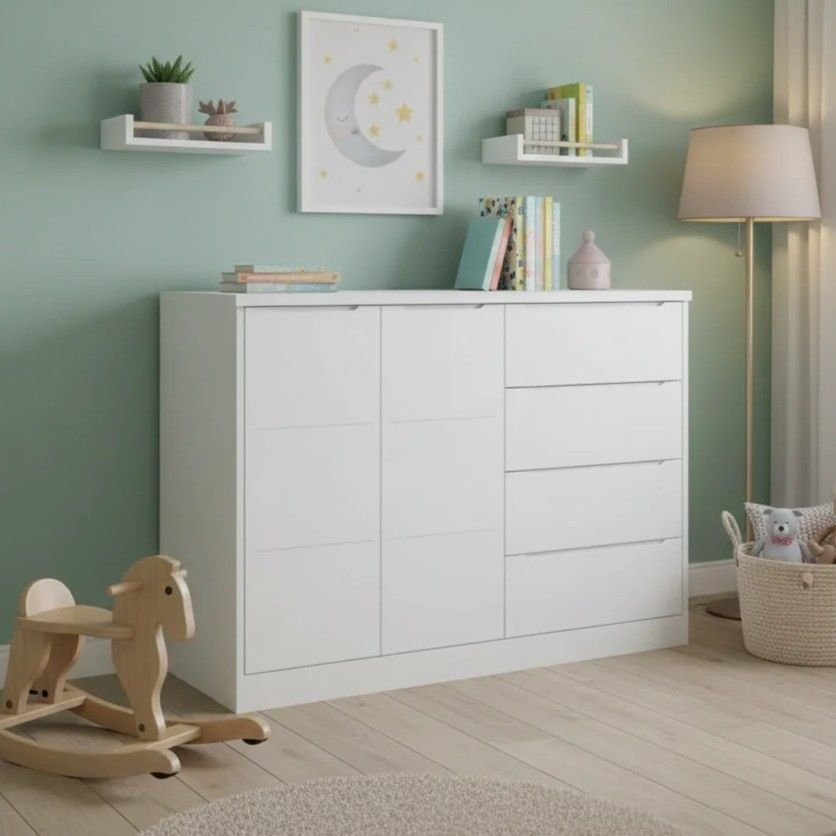 Quarto Infantil Completo Guarda-Roupa 3 Portas 4 Gavetas e Cômoda 4 Portas Eloá Branco Phoenix Baby