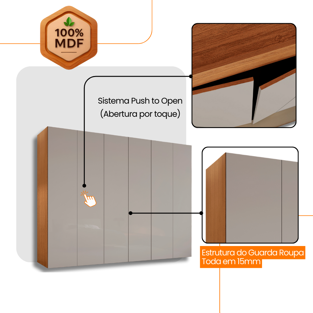 Guarda-Roupa Casal Coliseu 100% MDF Moderna Mobilia 6 Portas e 6 Gavetas Off White/Naturalle