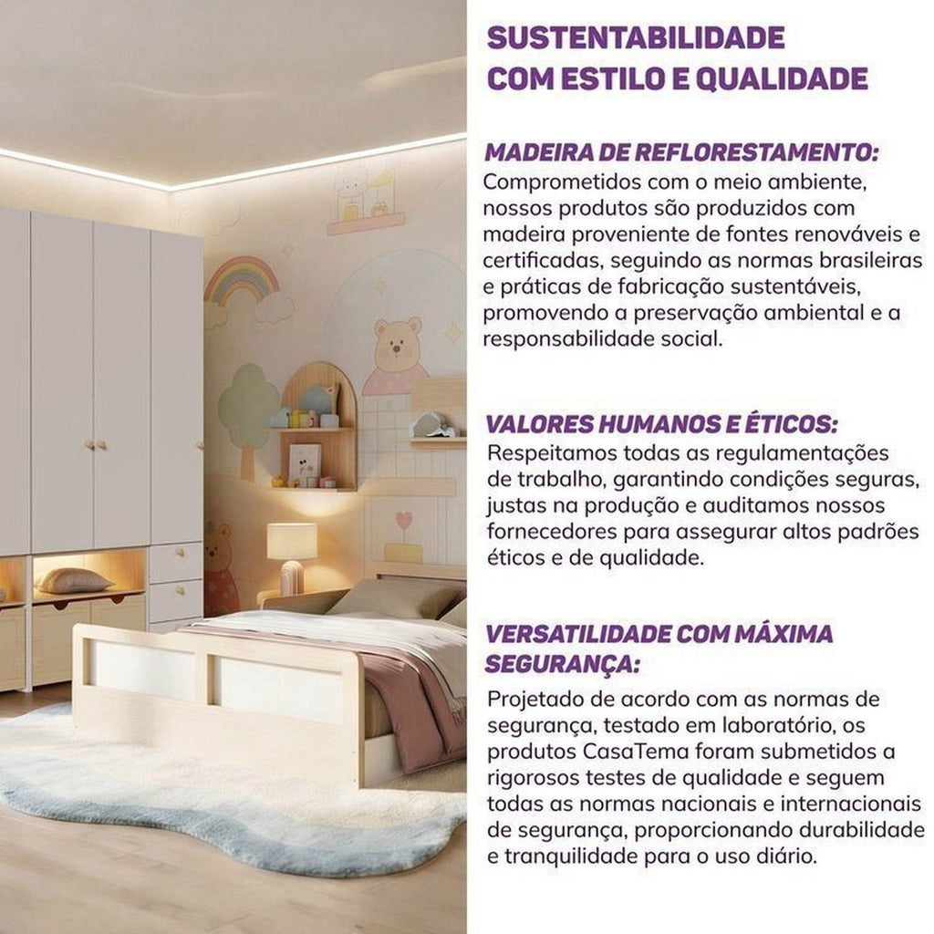 Quarto Infantil Completo Guarda-Roupa Modulado Wave Cama Casal Lift Casatema MadeiraOriginals Branco/Marrom