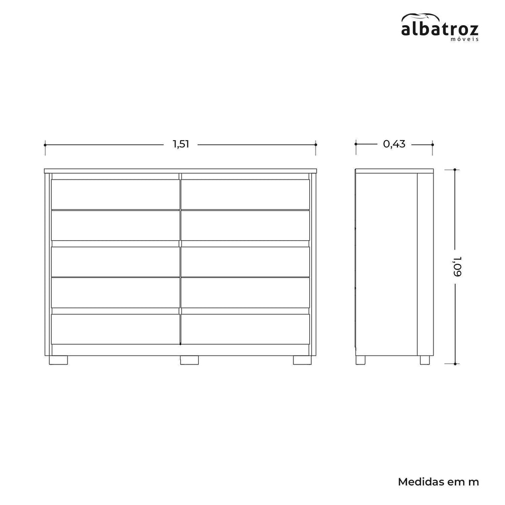 Cômoda 10 Gavetas 151cm x 109cm Duetto Albatroz Móveis Marrom/Cinamomo/Off White