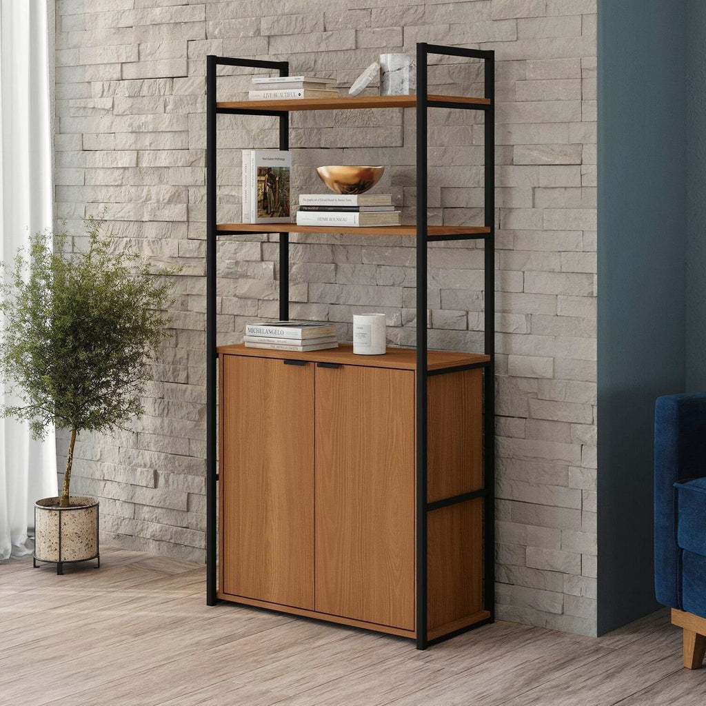 Estante de Livros Industrial em Aço com 2 Portas e 2 Prateleiras 151x72cm Canela/Preto