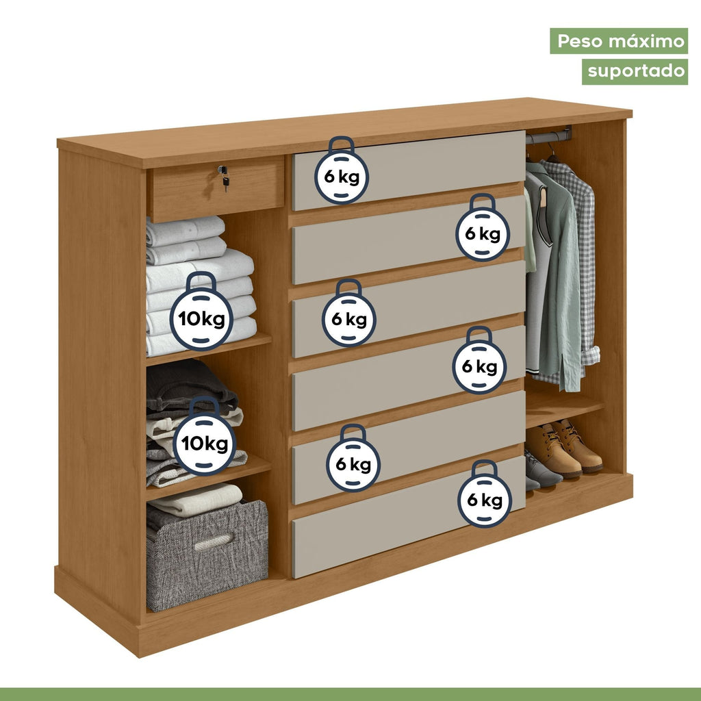 Cômoda 2 Portas 7 Gavetas com Chave e Prateleiras Vedra Móveis Lopas Amêndoa Clean/Off White