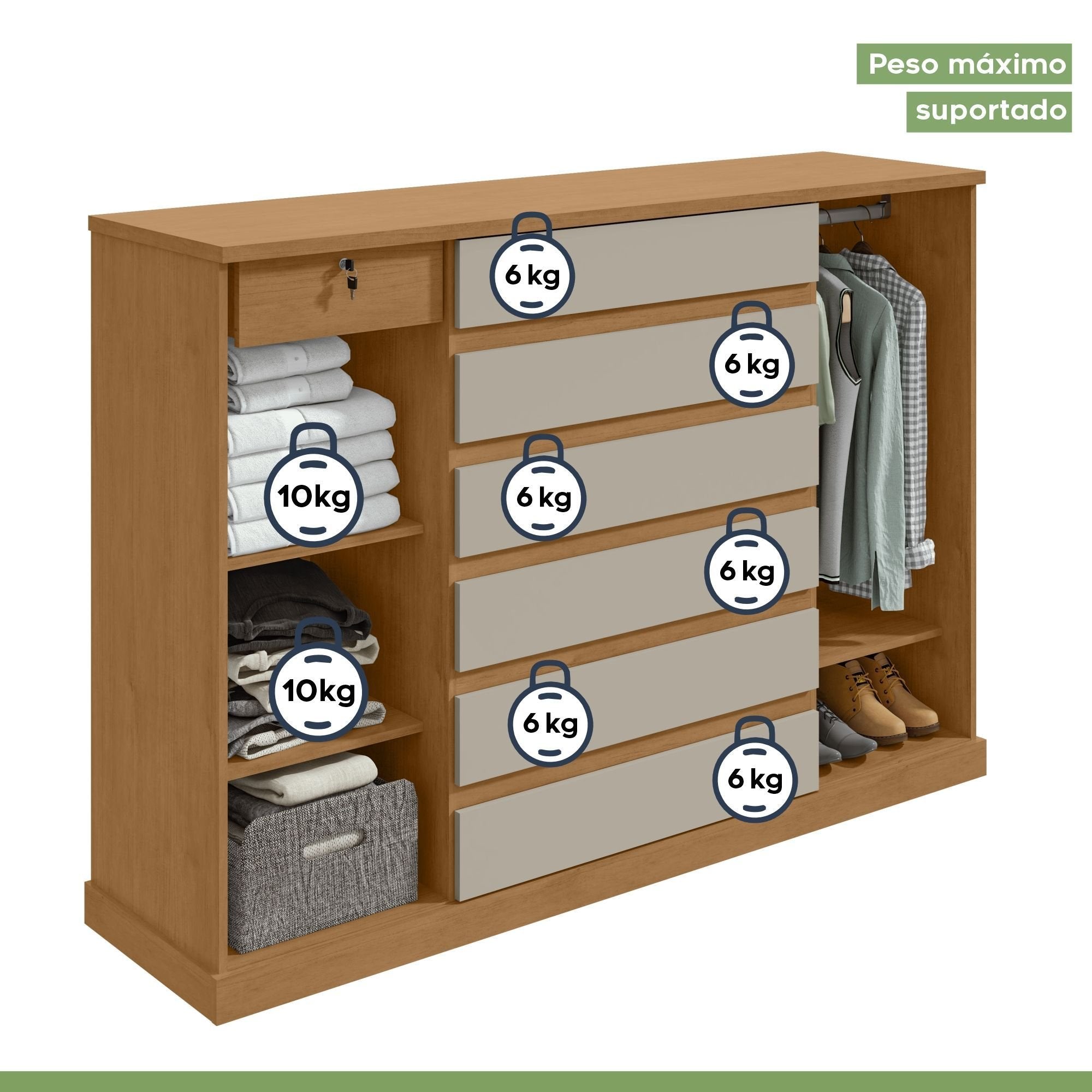 Cômoda 2 Portas 7 Gavetas com Chave e Prateleiras Vedra Móveis Lopas Amêndoa Clean/Off White