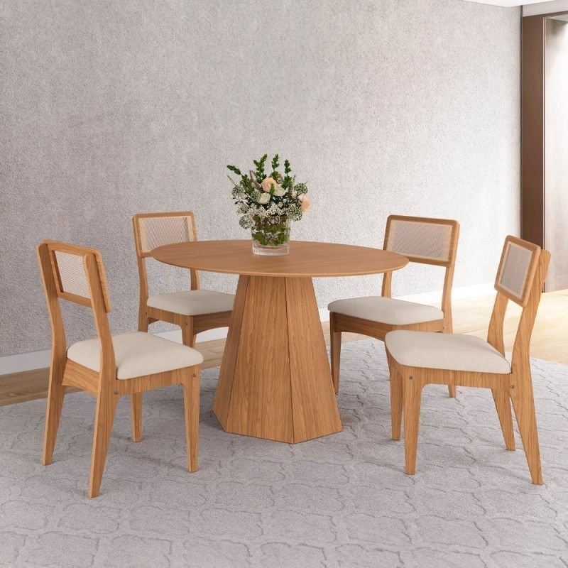Conjunto Sala de Jantar Mesa Lisboa Hexagonal Freijó com 4 Cadeiras Palha Sintética 100% MDF Freijó