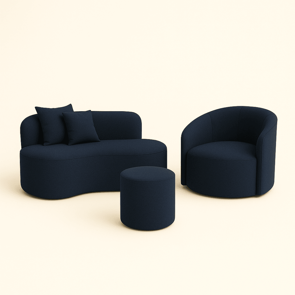Conjunto Sala de Estar Gaia 1 Poltrona Sofá 4 Lugares Puff Curvo Suede Azul Marinho MD Montanaris Decor