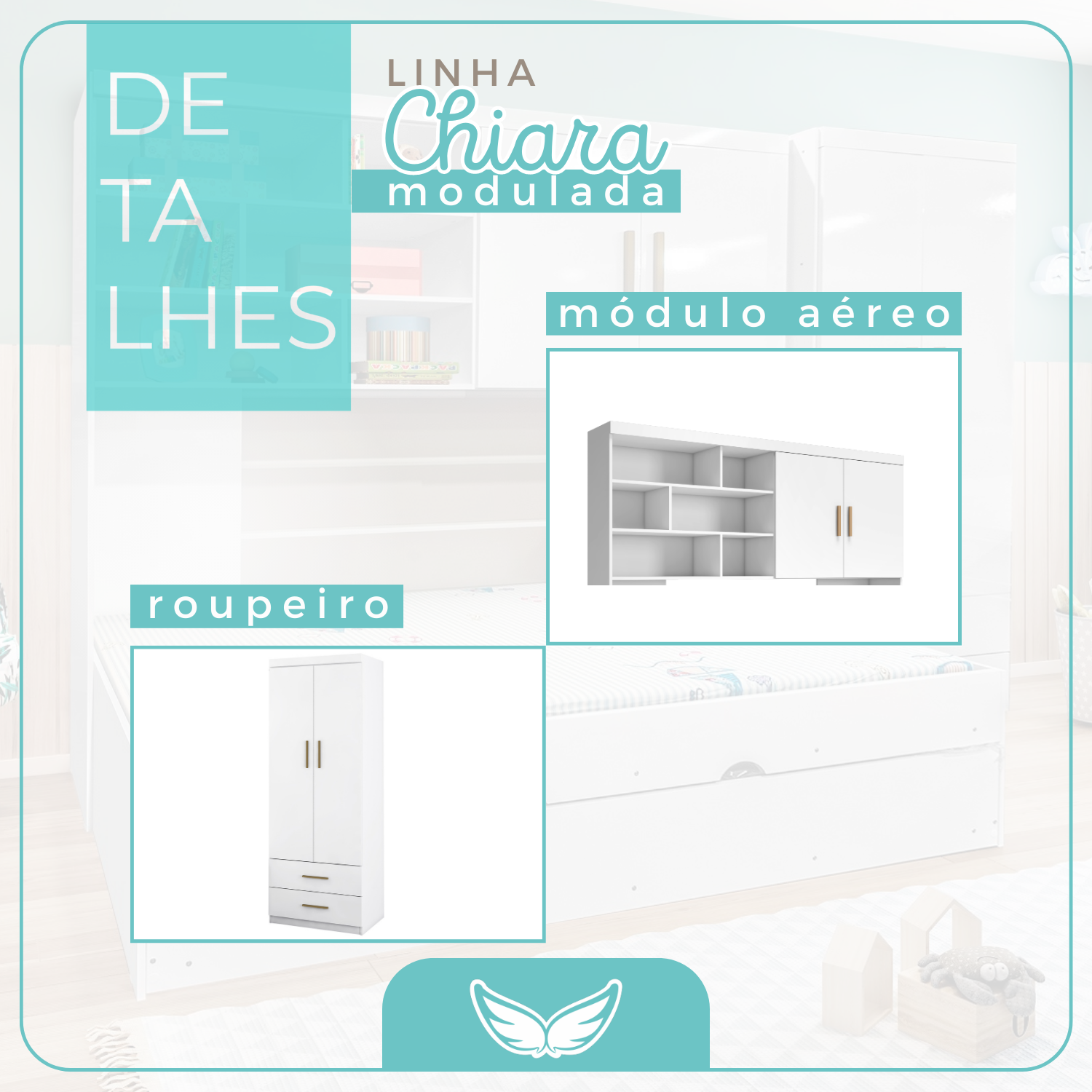Quarto Completo Solteiro Juvenil 4 Peças com Guarda-Roupa e Bicama Modulado Chiara Phoenix Baby