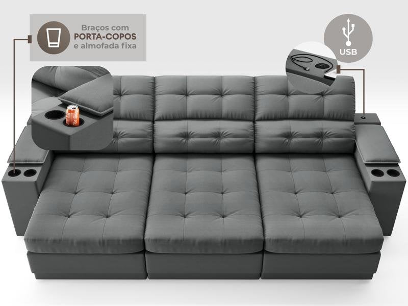 Sofá com Porta Copos e Carregador USB Eureka Velosuede Assento Retrátil e Reclinável NETSOFAS
