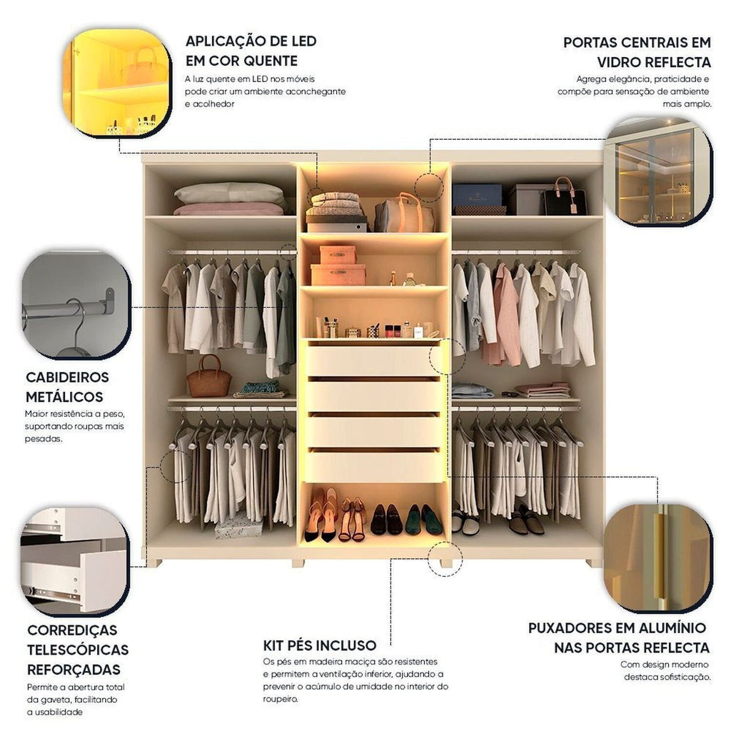 Guarda-Roupa Casal 6 Portas com Pés e LED Absolut New Reflecta Gelius Móveis 100% MDF Off White