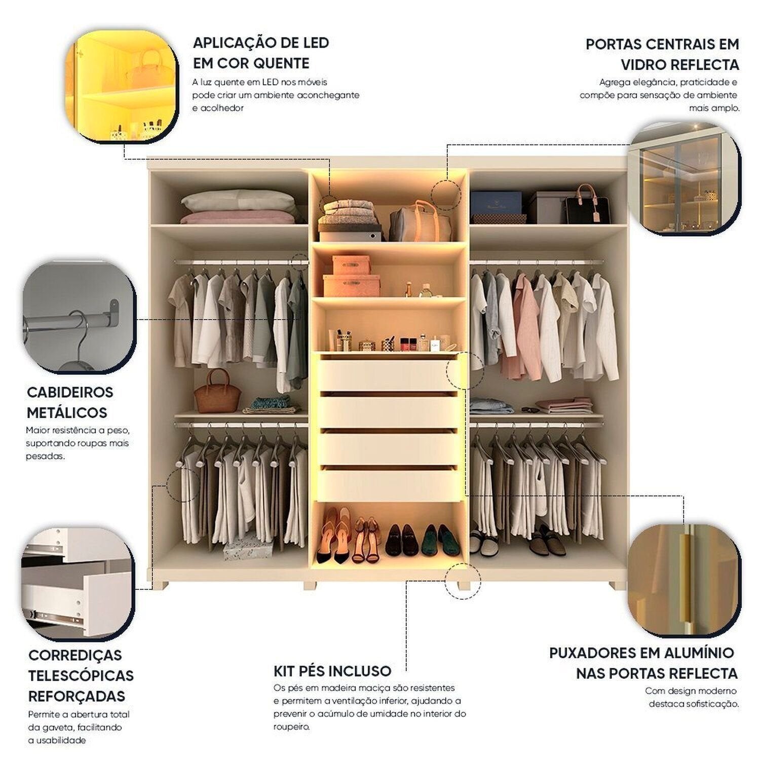 Guarda-Roupa Casal 6 Portas com Pés e LED Absolut New Reflecta Gelius Móveis 100% MDF Off White