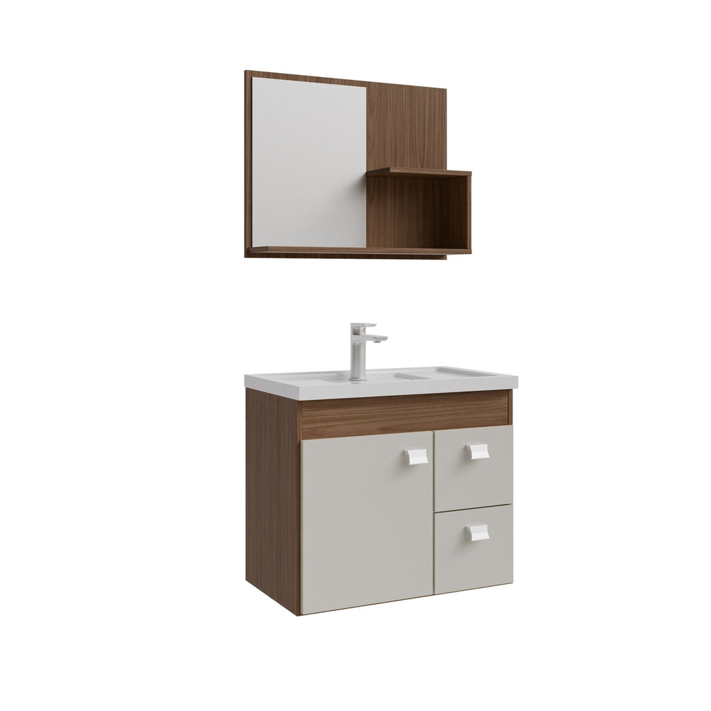 Conjunto para Banheiro Gabinete Suspenso com Cuba e Espelheira Isa MGM Móveis 55cm Marrom/Amêndoa/Off White