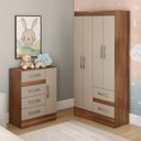 Quarto Infantil Completo Guarda-Roupa 4 Portas 2 Gavetas com Cômoda 4 Gavetas 1 Porta Ninho MDP Marrom/Castanho/Off White DiretoSim