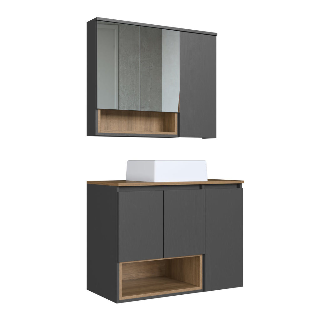 Conjunto para Banheiro Gabinete Suspenso com Cuba e Espelheira Cecília FAEMA 80cm Marrom/Mel/Grafite