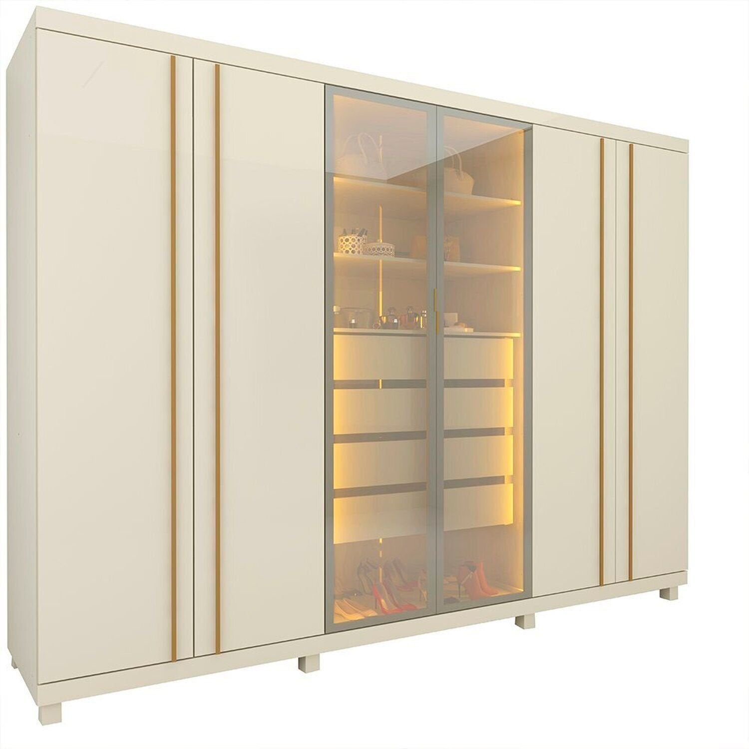 Guarda-Roupa Casal 6 Portas com Pés e LED Absolut New Reflecta 100% MDF Off White Gelius Móveis