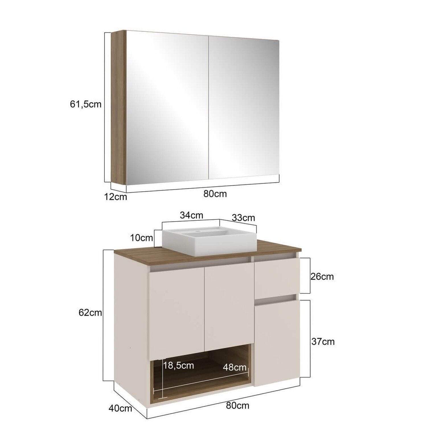 Conjunto para Banheiro Gabinete Suspenso com Cuba e Espelheira Aurora Yescasa 80cm Bege/Mel/Arenas