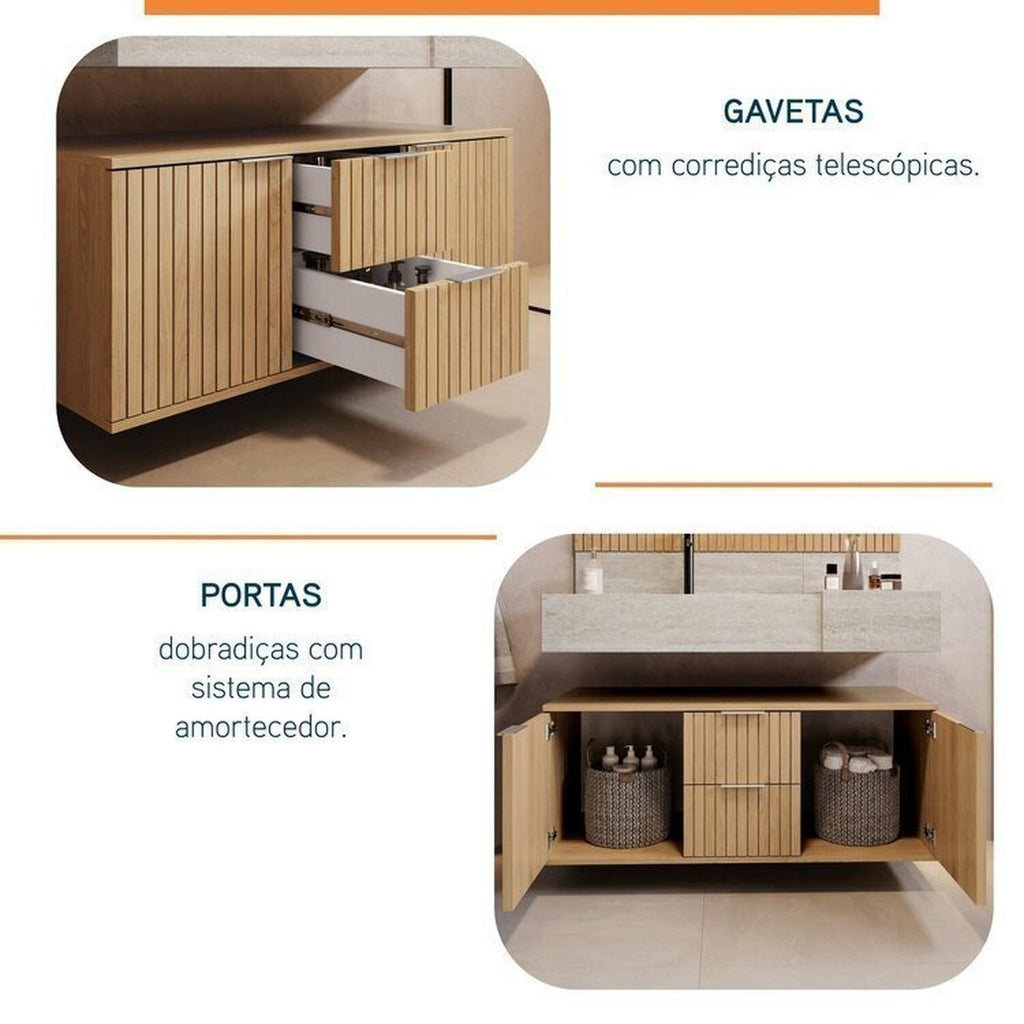 Conjunto para Banheiro Bumi Ripy 100cm Cuba Esculpida Armário e Espelho Amarelo/Wood