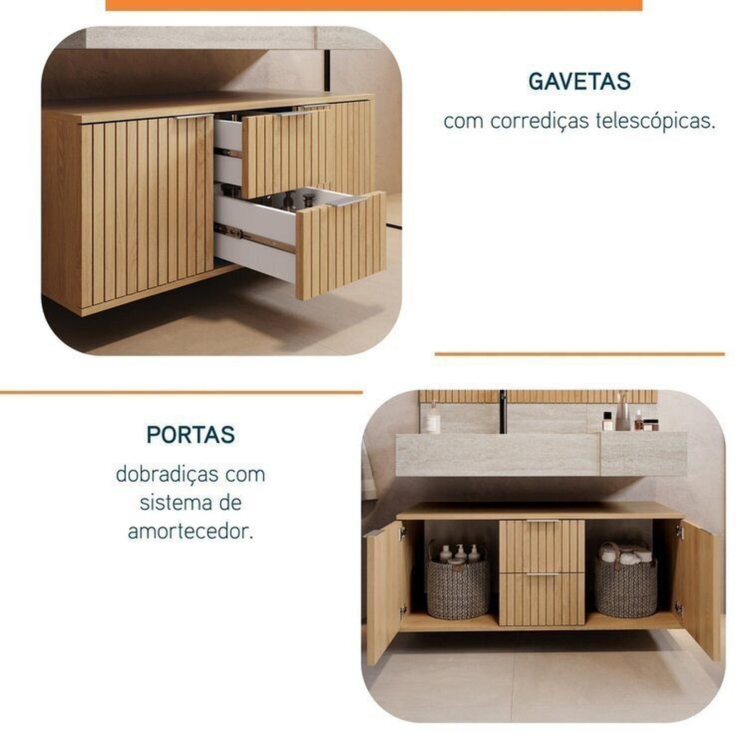 Conjunto para Banheiro Bumi Ripy 100cm Cuba Esculpida Armário e Espelho Amarelo/Wood