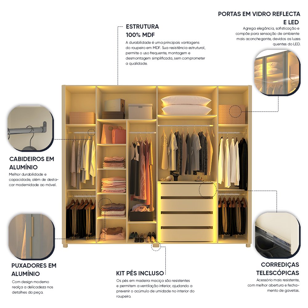 Guarda-Roupa Casal 6 Portas 6 Gavetas Innova Gelius Móveis 100% MDF Branco/Off White