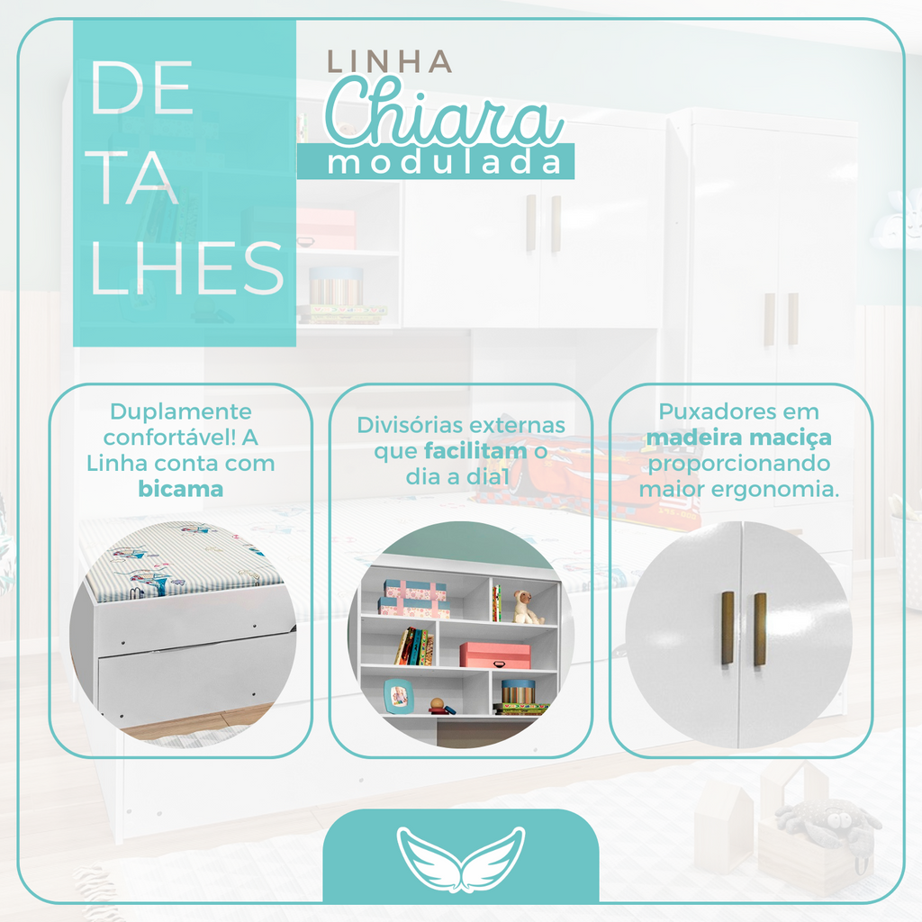 Quarto Completo Solteiro Juvenil 4 Peças com Guarda-Roupa e Bicama Modulado Chiara Phoenix Baby