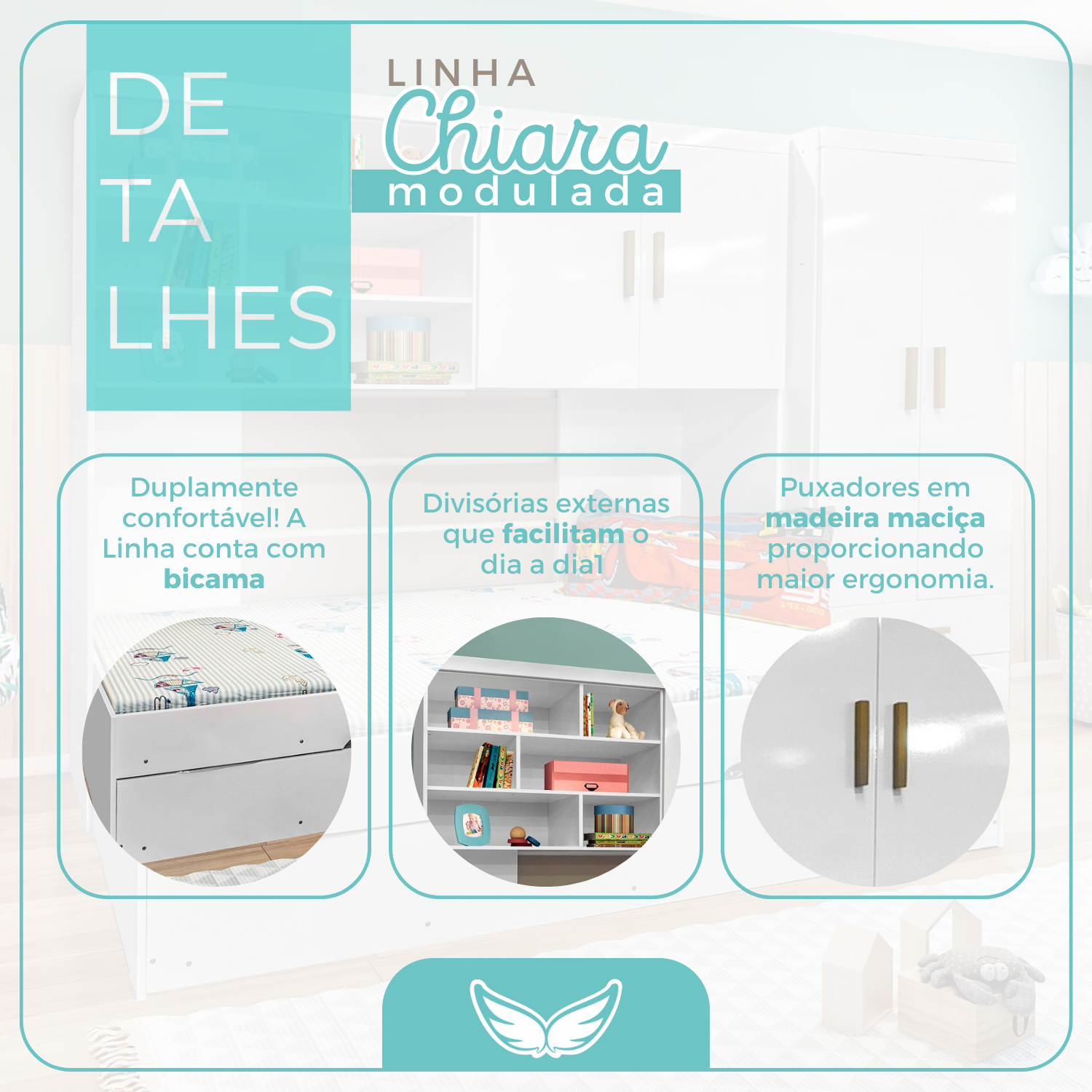 Quarto Completo Solteiro Juvenil 4 Peças com Guarda-Roupa e Bicama Modulado Chiara Phoenix Baby