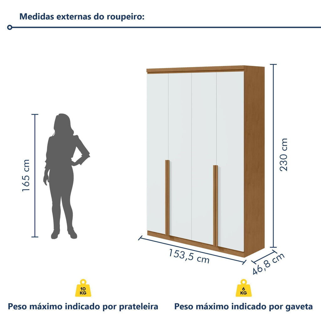 Guarda-Roupa Solteiro 4 Portas 2 Gavetas Alonzo Móveis Lopas 100% MDF 153.5cm Marrom Amêndoa Clean/Branco