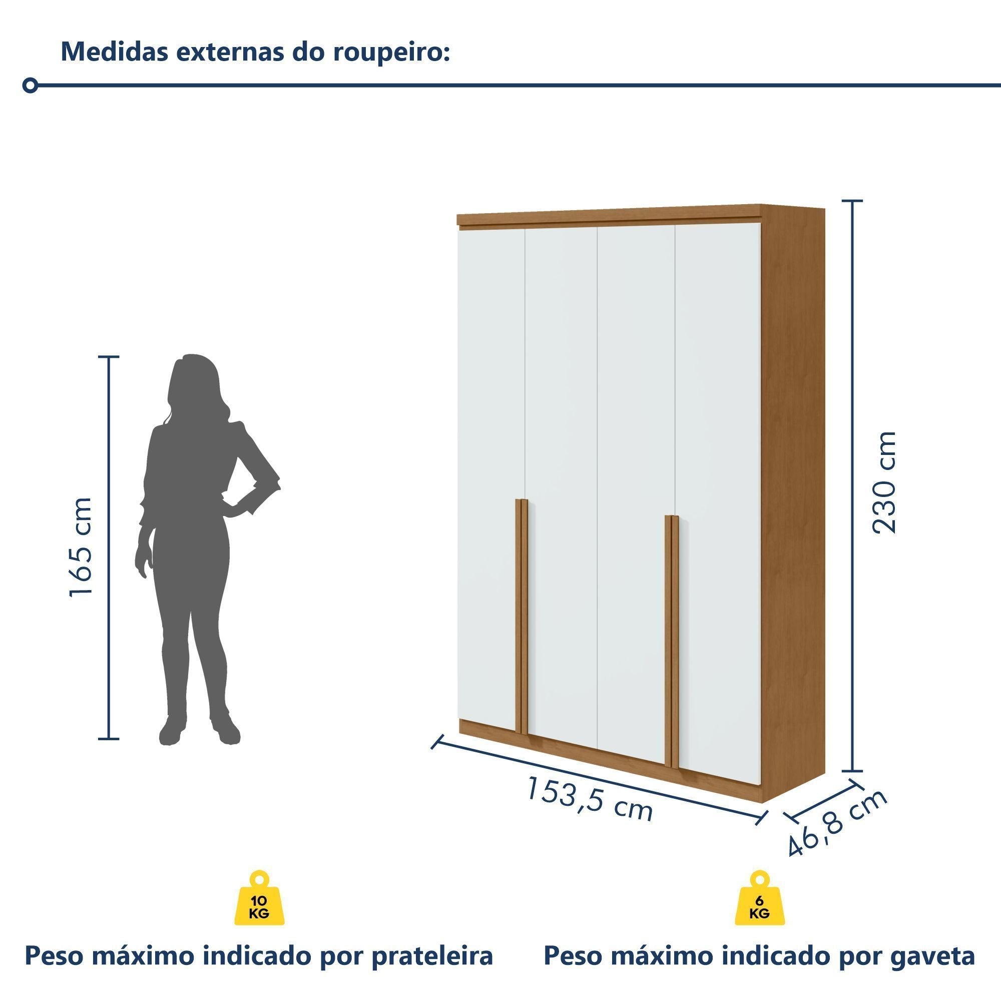 Guarda-Roupa Solteiro 4 Portas 2 Gavetas Alonzo Móveis Lopas 100% MDF 153.5cm Marrom Amêndoa Clean/Branco